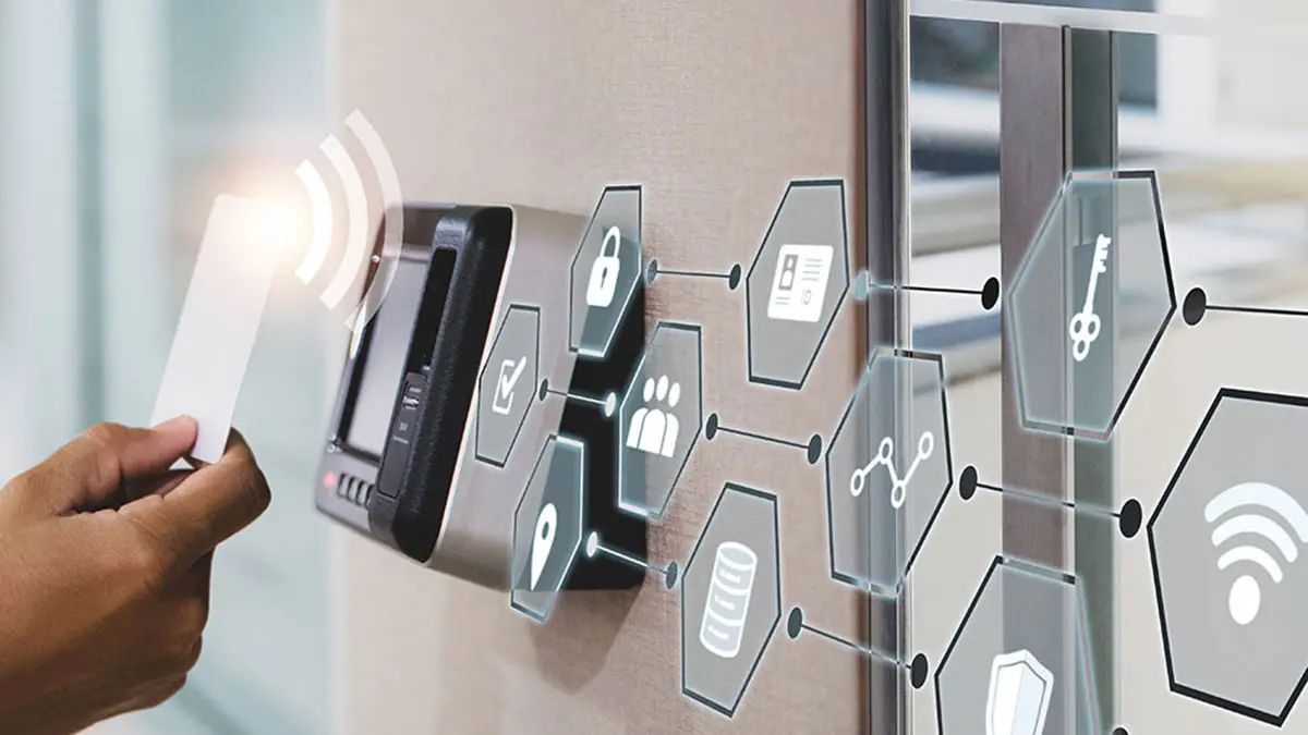 Access control card reader at office entrance