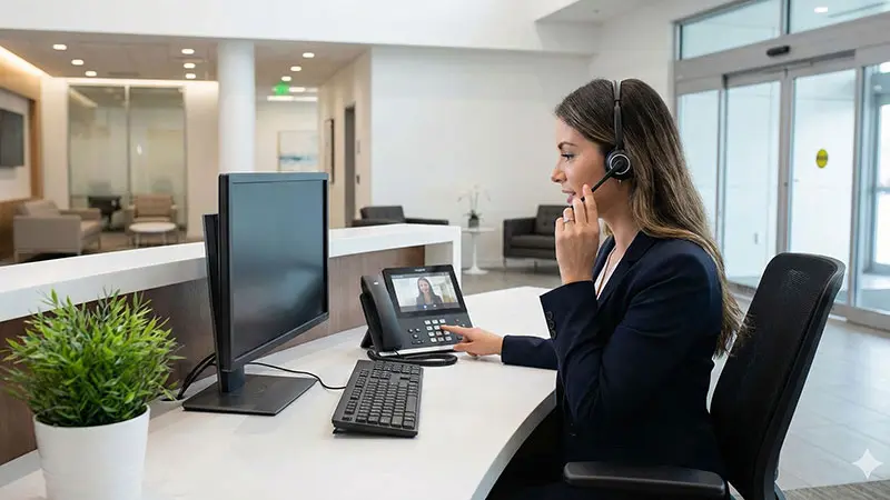 Reception staff using intercom system